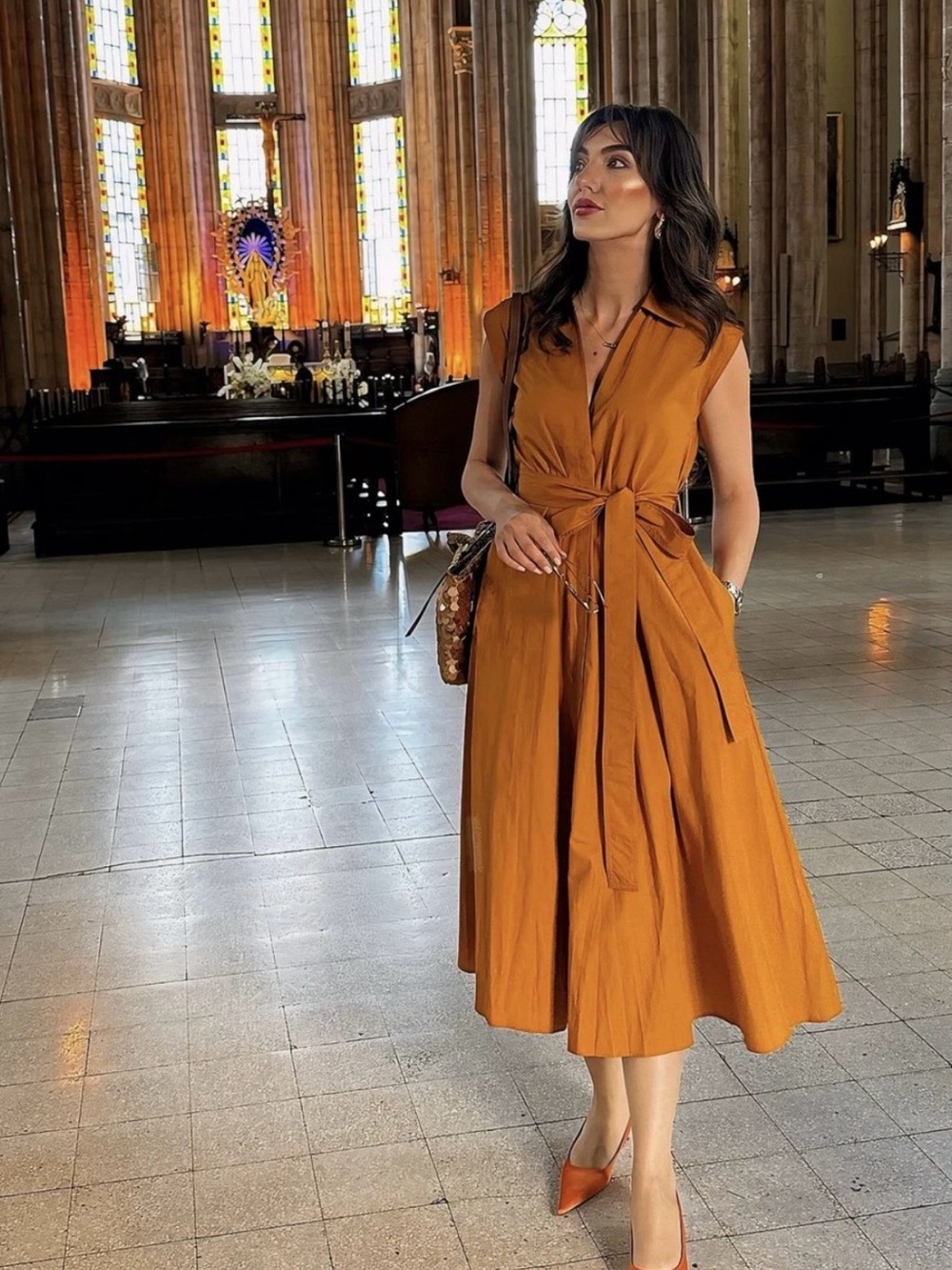 Zara Shirt Tie-Waist Midi Dress in Rust Orange